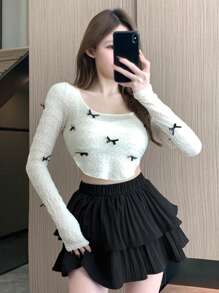 DAZY 女士纯色双层百褶裙、荷叶边秋季半身裙