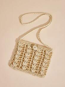 SHEIN VCAY Ladies' Crossbody Straw Bag,Woven Bag,Perfect For Summer Beach Travel Vacation,For Outdoor,Holiday - Apricot - View 4