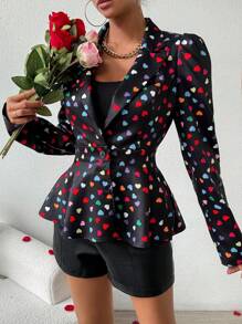 Calvaya Heart Print Lapel Collar Blazer Jacket