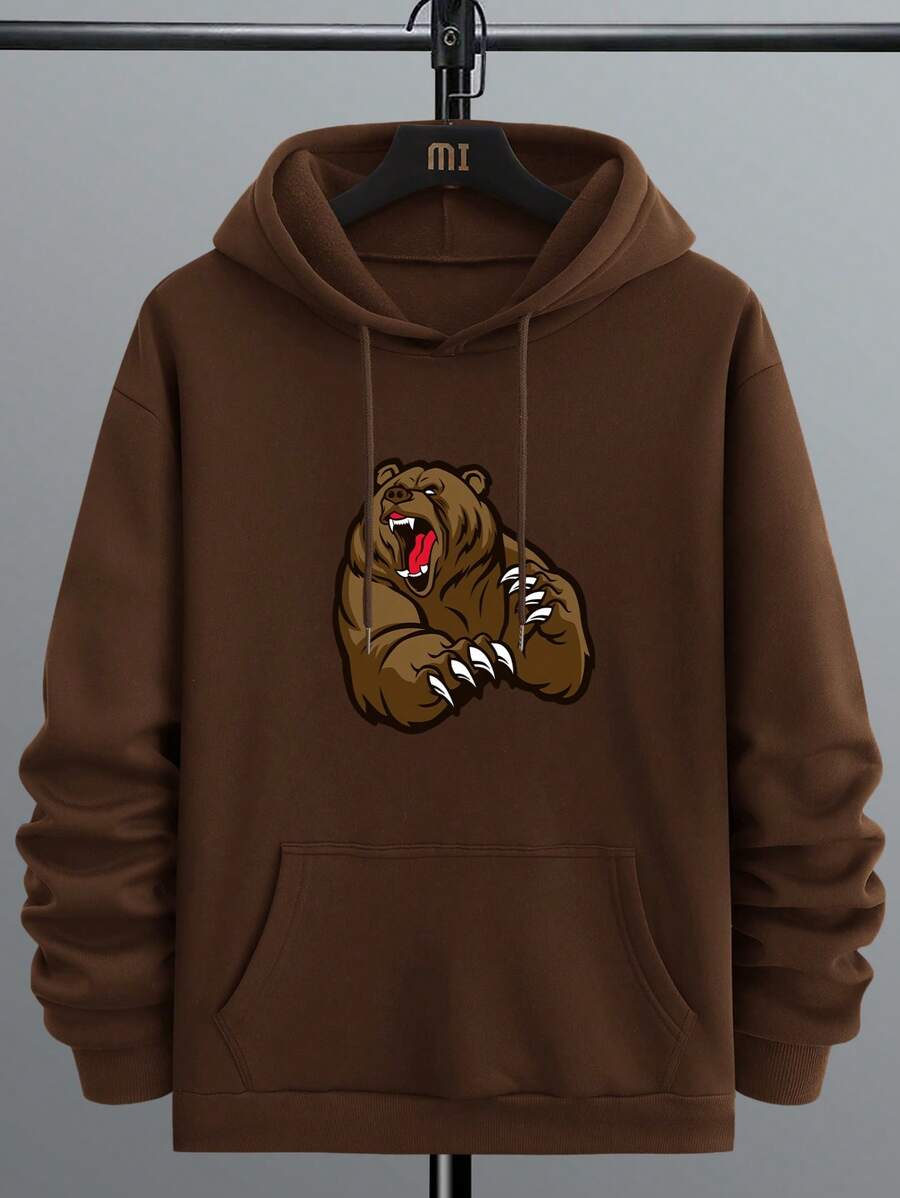 Nam In Động vật Dây rút Hoodie - Cà phê nâu - Xem 1