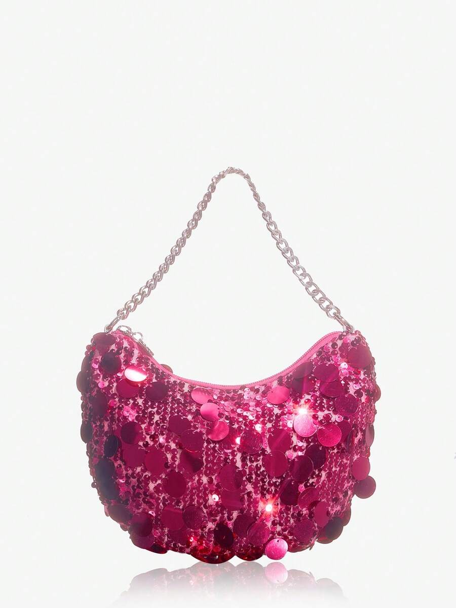 SHEIN SXY Fashionable Ladies' Pink Beaded Clutch, Handbag For Events Or Evening Parties - Hot Pink - View 1