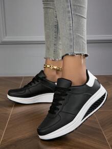 Fall/Winter Women's Breathable Comfortable Athletic Shoes With Wedge Heel, Thick Sole, And Lace-Up Design,Sneakers For Women - Black and White - View 5