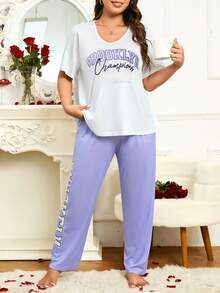 字母印花休閒韓版寬鬆大尺碼女士睡衣套裝 - 紫色 - 查看 5