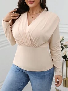 Calvaya 大尺碼女款短袖卷綁t恤,帶有拉皺細節 - 杏色 - 查看 3