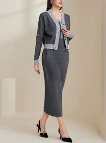 Modelyn Colorblock Button Detail Sweater Dress And Cardigan - Multicolor - View 1