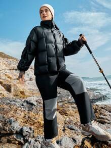 In My Nature Women's Zip Front Stand Collar Padded Coat With Letter Patch - Black - View 7