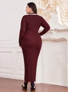 Modelyn 大碼拼色針織毛衣連衣裙,配對比色邊緣 - 酒紅色 - 查看 2