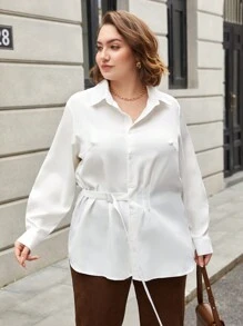SHEIN Essnce Women'S Plus Size Belted Shirt - White - View 3