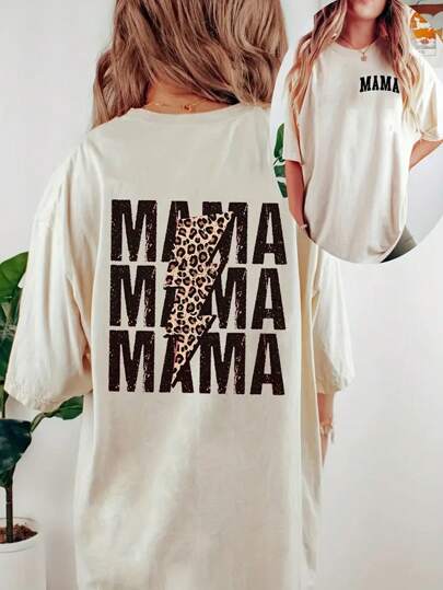 INAWLY Letter & Lightning Print Drop Shoulder T-shirt MAMA MAMA MAMA Grafiskt gepardtryck T-shirts Dam Toppar