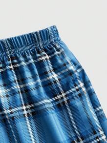 ROMWE Solid Color Vest Top And Plaid Shorts Casual Sleepwear Set, School - Baby Blue - View 4