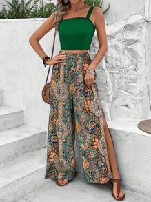 Breezaya Của phụ nữ Màu thuần Cami ngọn Và Phong cách nghỉ dưỡng Rộng chân Quần Bộ - màu xanh lá - Xem 1