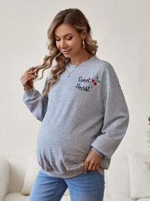 SHEIN Maternity Letter Embroidered Round Neck Drop Shoulder Sweatshirt, For Winter - Grey - View 4