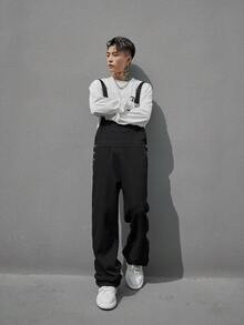 Manfinity Hypemode 寬鬆男士純色斜口袋牛仔背帶褲連身衣 - 黑色 - 查看 5