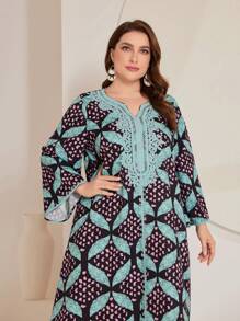 Al Najma Plus Size Women's Lace Splicing All Over Print Dress
