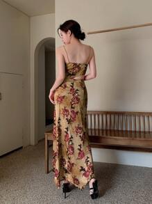 EastFlair Women's Retro Chinese-Style Asymmetric Printed Camisole Top With Fish Tail Hem And Slim Skirt Set - Yellow - View 2