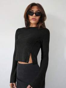 Siren Gaze 女士返校衬衫修身衬衫灰色罗纹针织不对称开叉下摆喇叭袖圆领休闲 T 恤秋季