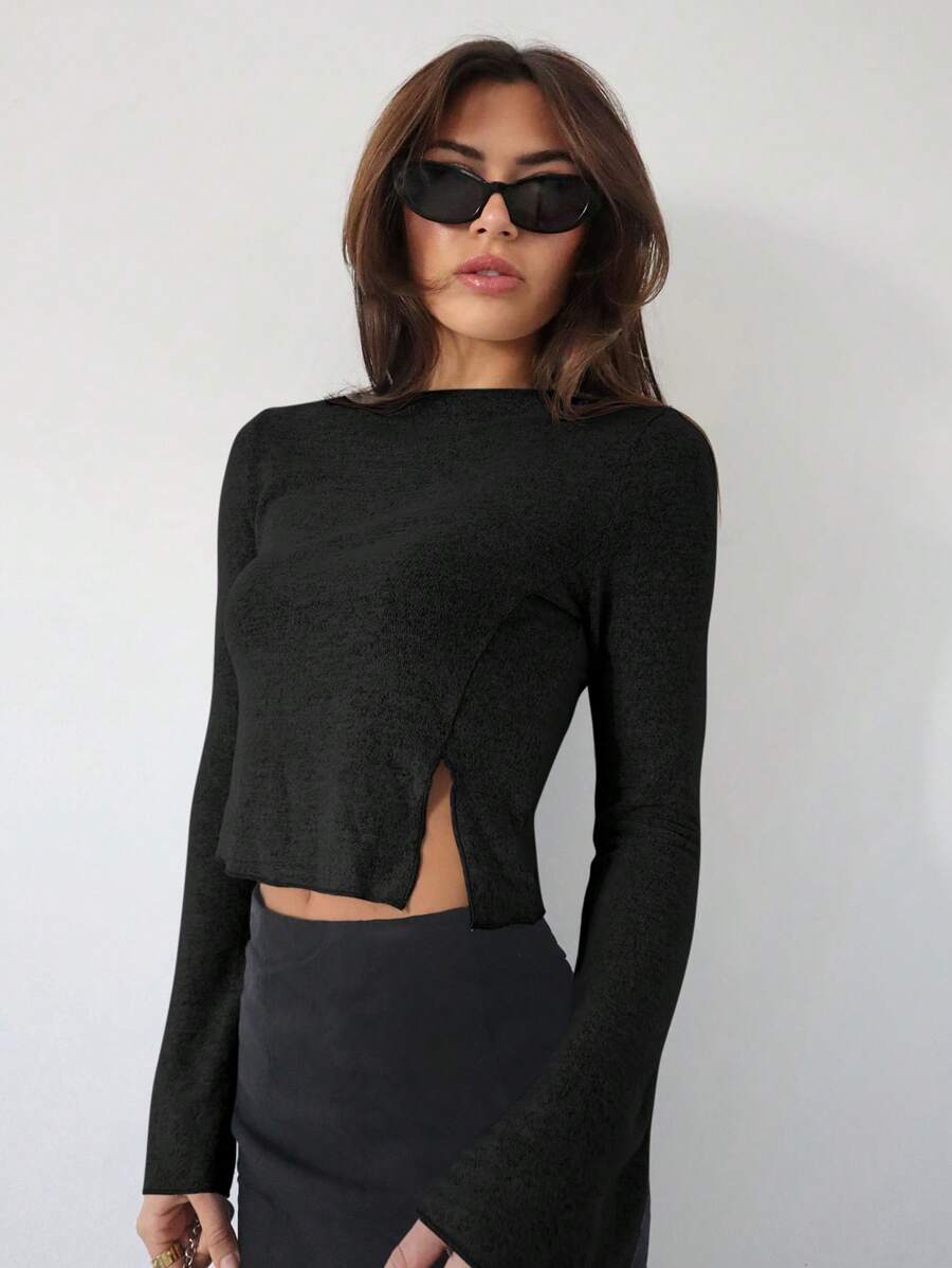 Siren Gaze 女士返校衬衫修身衬衫灰色罗纹针织不对称开叉下摆喇叭袖圆领休闲 T 恤秋季