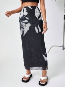 SHEIN Essnce Mesh Print Long Skirt - Black - View 6