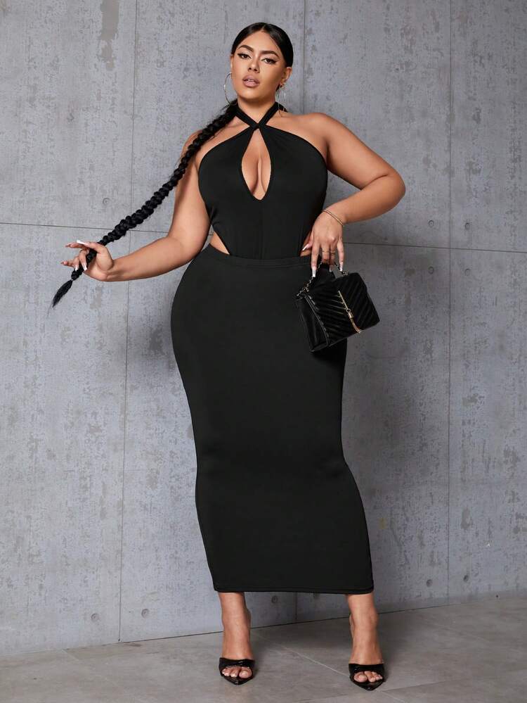 Women'S Plus Size Solid Color Hollow Out Halter Jumpsuit And Skirt Set