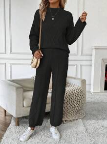 EMERY ROSE Women's Stand Collar Long Sleeve Sweater And Sweater Pants Two Piece Set - Black - View 5