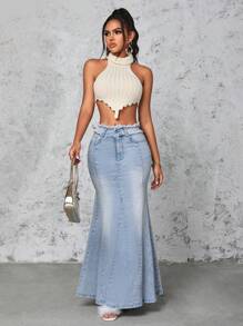 SHEIN SXY Frayed Hem Denim Mermaid Skirt