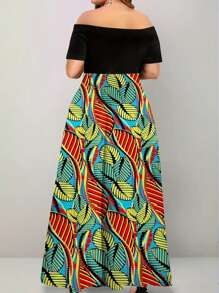 INAWLY Kích thước lớn Của phụ nữ Bản in lá Off Shoulder Đầm - Nhiều màu - Xem 2