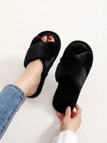 Fall/Winter New Style Crossed Strap Fluffy Women's Indoor Slippers, Fashionable And Simple, Quiet And Soft Home Slippers
