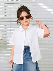 SHEIN 年輕女孩熊貓標語印花寬鬆短袖襯衫 - 白色 - 查看 2