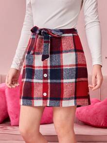 少女校風格子束帶 A 字裙 - 紅色 - 查看 4