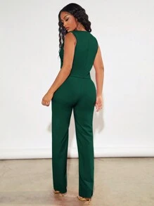 SHEIN SXY Ladies' Solid Color Sleeveless Pants Suit In Fall/Winter - Dark Green - View 2