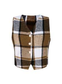 SHEIN Frenchy Women's Plaid Single-breasted Vest Jacket - Khaki - View 1