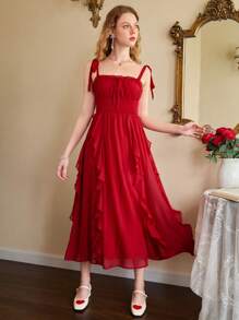 SHEIN MOD Tied Shoulder Ruffle Trimmed Red Cami Dress - Red - View 3