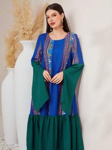 Al Najma Women's Geometric Pattern Bell Sleeve Arabian Dress - Blue - View 6