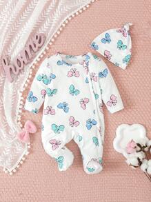 SHEIN Baby Girl Butterfly Pattern Printed Footed Sleeper With Bonnet - White - View 1