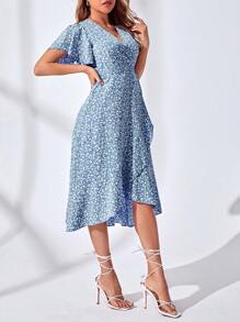 Breezaya Floral Print Ruffle Sleeves Knotted Side Wrap Dress