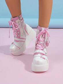 ROMWE Kawaii 2024女裝新款春秋款圓頭可愛粉紅心型細部龐克粗跟厚底時尚踝靴