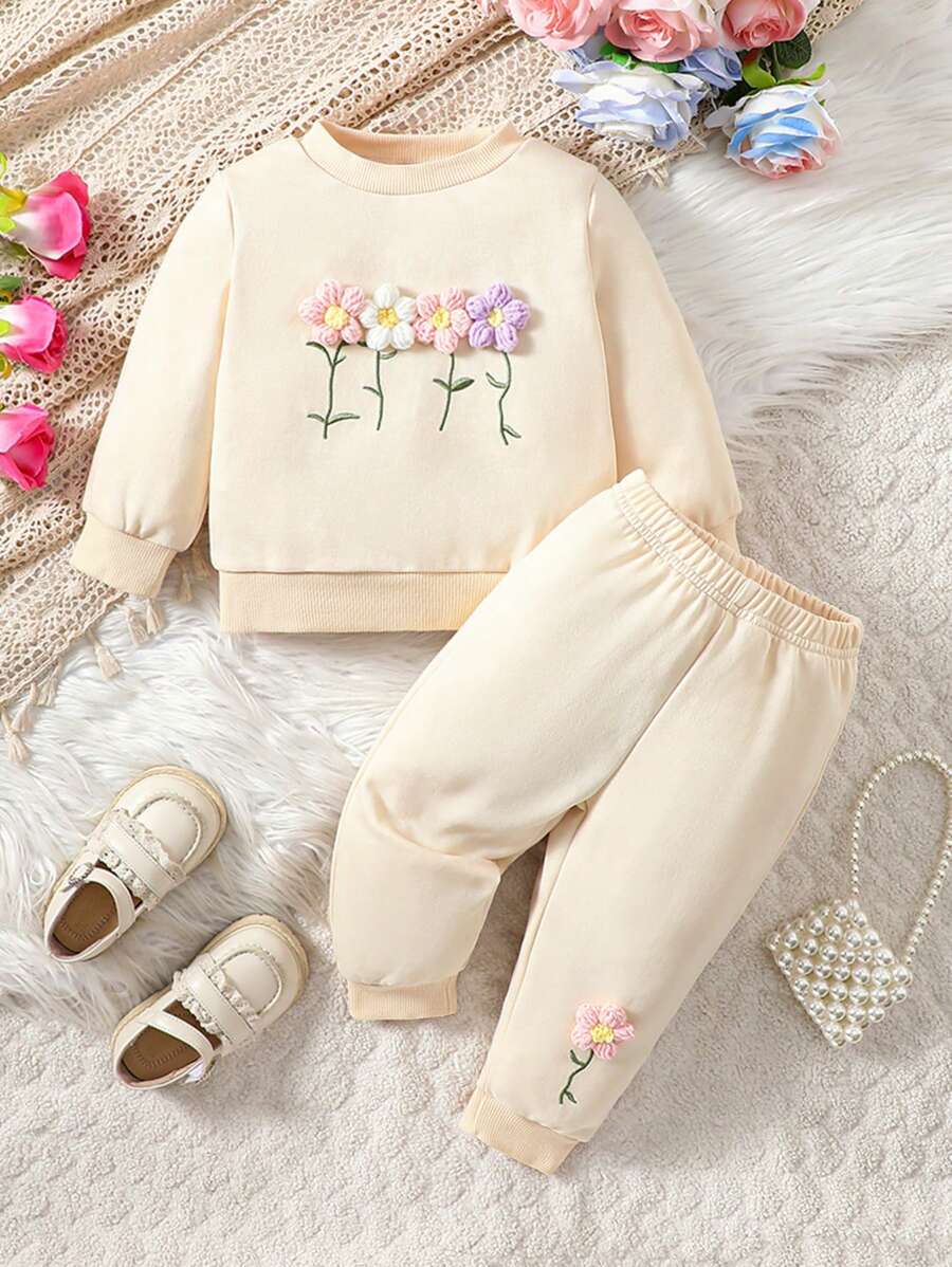 Đứa bé gái Dễ thương Hình hoa Tay áo dài Áo nỉ Và Quần Bộ , 2 Miếng , Mùa Thu /đông - Màu be - Xem 1