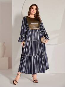 Al Najma 大尺寸金屬鑲片喇叭袖拼色條紋連身裙 - 彩色 - 查看 5