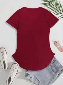Của phụ nữ Màu thuần Áo , Cổ chữ V Ngắn tay - Màu Đỏ Sâu - Xem 2