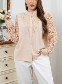 SHEIN Privé Plus Size Spring/Summer Elegant Delicate Romantic Lace Floral Valentine's Day Women Shirt - Khaki - View 2