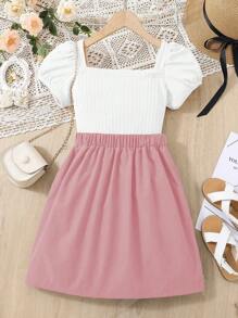 青少女純色泡泡袖上衣和裙子套裝 - 粉色 - 查看 2