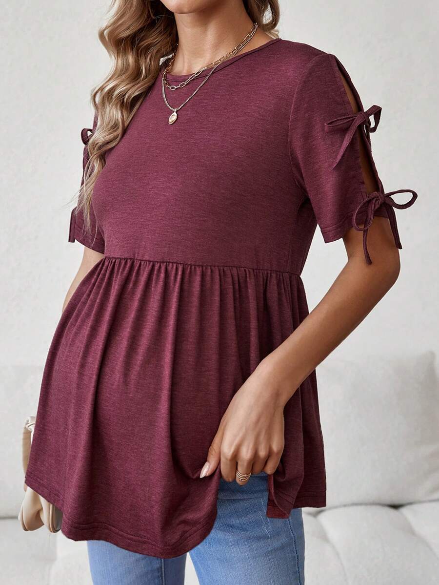 SHEIN Maternity Knotted Sleeve Ruffle Hem T-Shirt - Burgundy - View 1