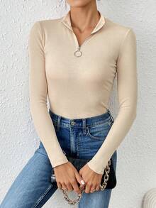 SHEIN Essnce Women's Zipper Half Placket Long Sleeve T-Shirt - Apricot - View 3
