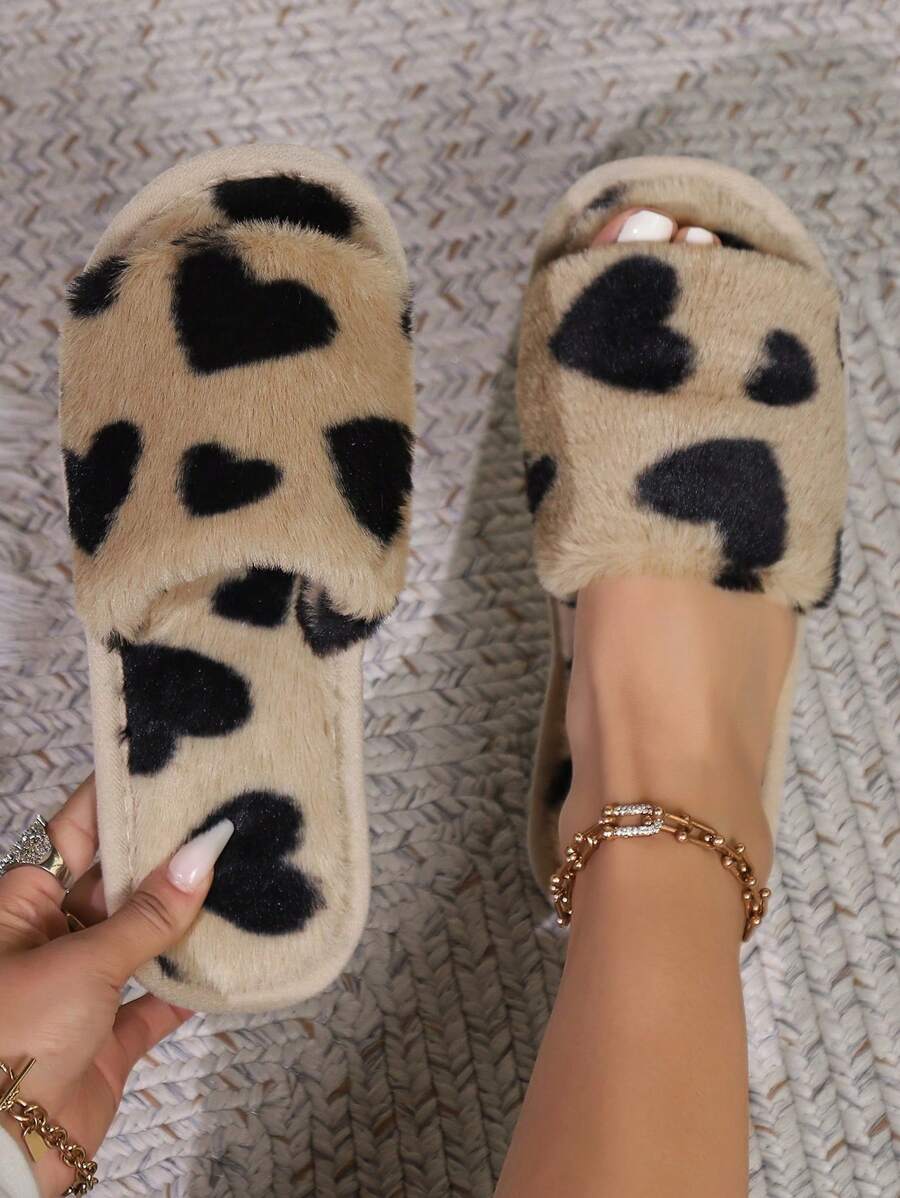 Fall/Winter Valentine's Day Love Opening Ladies Home Slippers Indoor Non-Slip Furry Mops Comfortable And Soft Floor Mops,Fluffy Slippers - Khaki - View 1