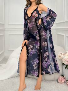 Conjunto de pijama con bata de malla con estampado de flores y vestido camisero con abertura alta - Azul Marino - Ver 3