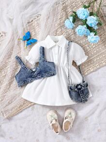 SHEIN Baby Girl Denim Suspender And Puff Sleeve Dress Suit - Blue - View 3