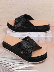 SHUZIA Của phụ nữ Đúng mốt Crossover Nêm Nền tảng Dép xăng đan - màu đen - Xem 2
