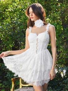 Enchnt Ladies Waist-Cinching Lace Dress