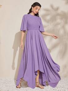Modelyn Shirred Paneled Bell Sleeve Dress Without Belt - Purple - View 4