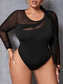 SHEIN SXY Bộ đồ liền thân dài tay lưới tương phản cỡ lớn - màu đen - Xem 4